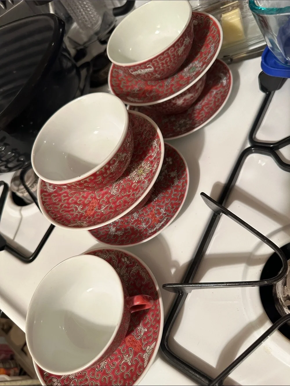 Vintage Famille Rose Mun Shou Porcelain Tea Set of 5 & soup bowl